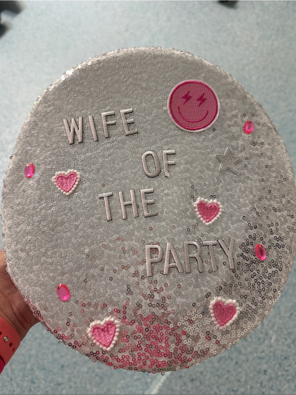 Wife of the Party Silver Sequin Celebration Hat with Pink Accents